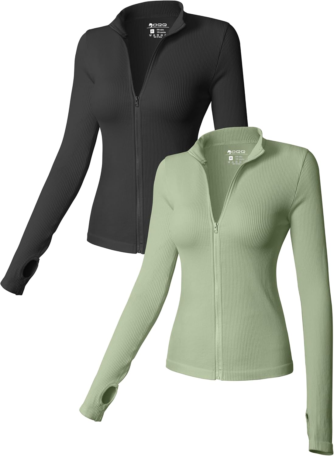 OQQ - Camisetas de manga larga para mujer, 2 piezas, cuello alto, cremallera frontal, elásticas, ajustadas, para uso interior 
