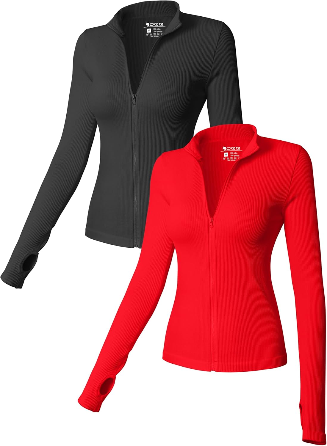 OQQ - Camisetas de manga larga para mujer, 2 piezas, cuello alto, cremallera frontal, elásticas, ajustadas, para uso interior 
