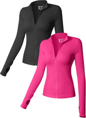 OQQ - Camisetas de manga larga para mujer, 2 piezas, cuello alto, cremallera frontal, elásticas, ajustadas, para uso interior 