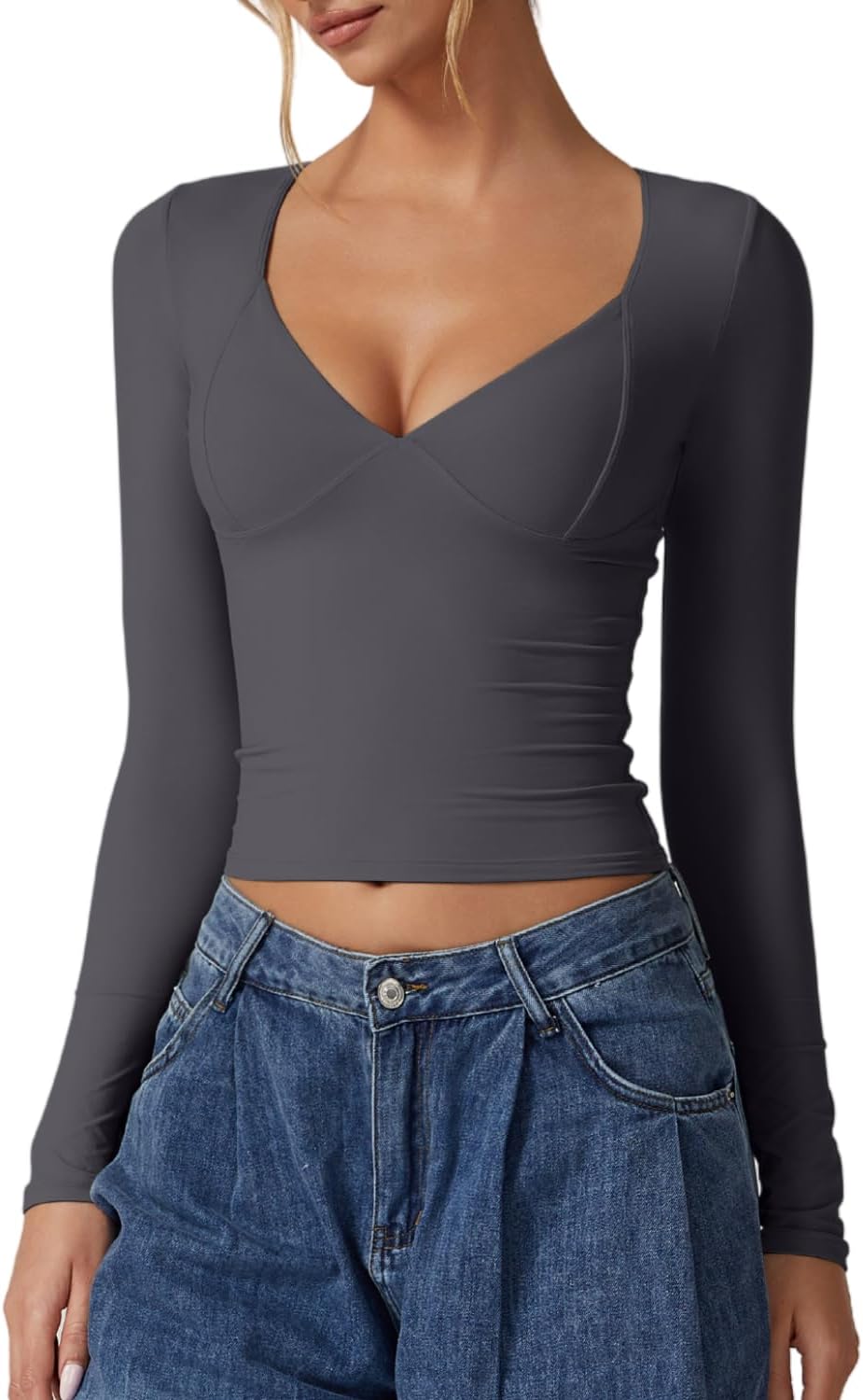QINSEN Women's Long Sleeve V Neck T Shirts Double Lined Crop Top Seamed Cup Going Out Tops