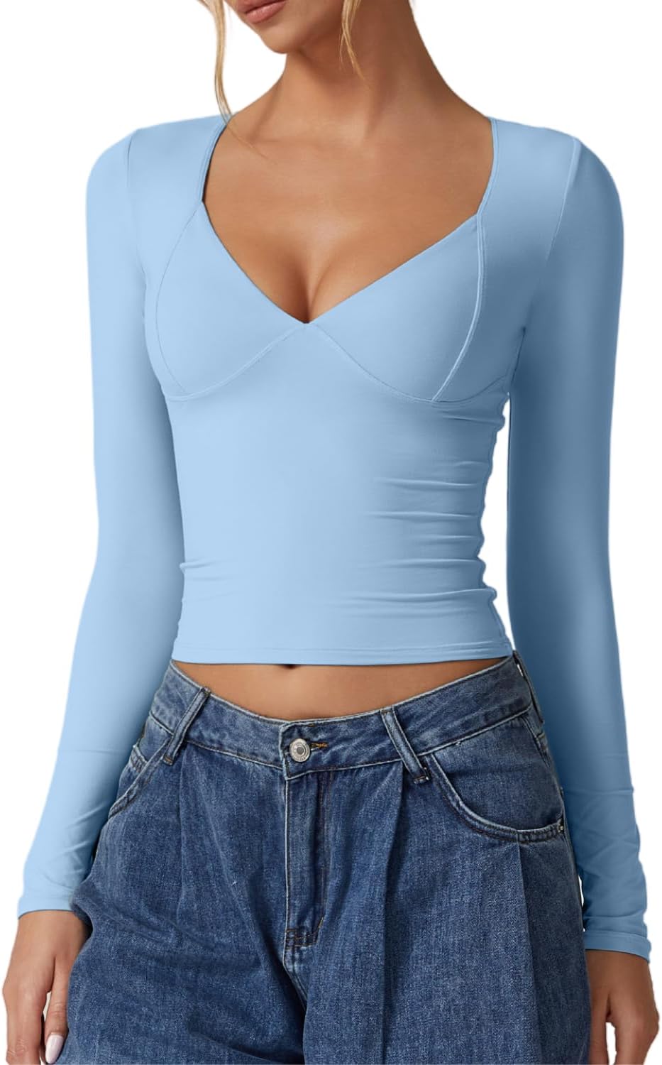 QINSEN Women's Long Sleeve V Neck T Shirts Double Lined Crop Top Seamed Cup Going Out Tops
