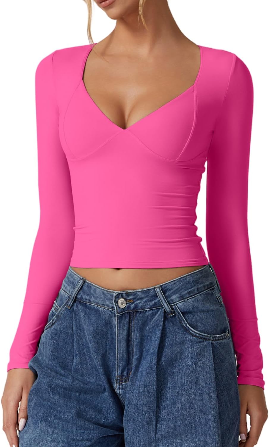 QINSEN Women's Long Sleeve V Neck T Shirts Double Lined Crop Top Seamed Cup Going Out Tops