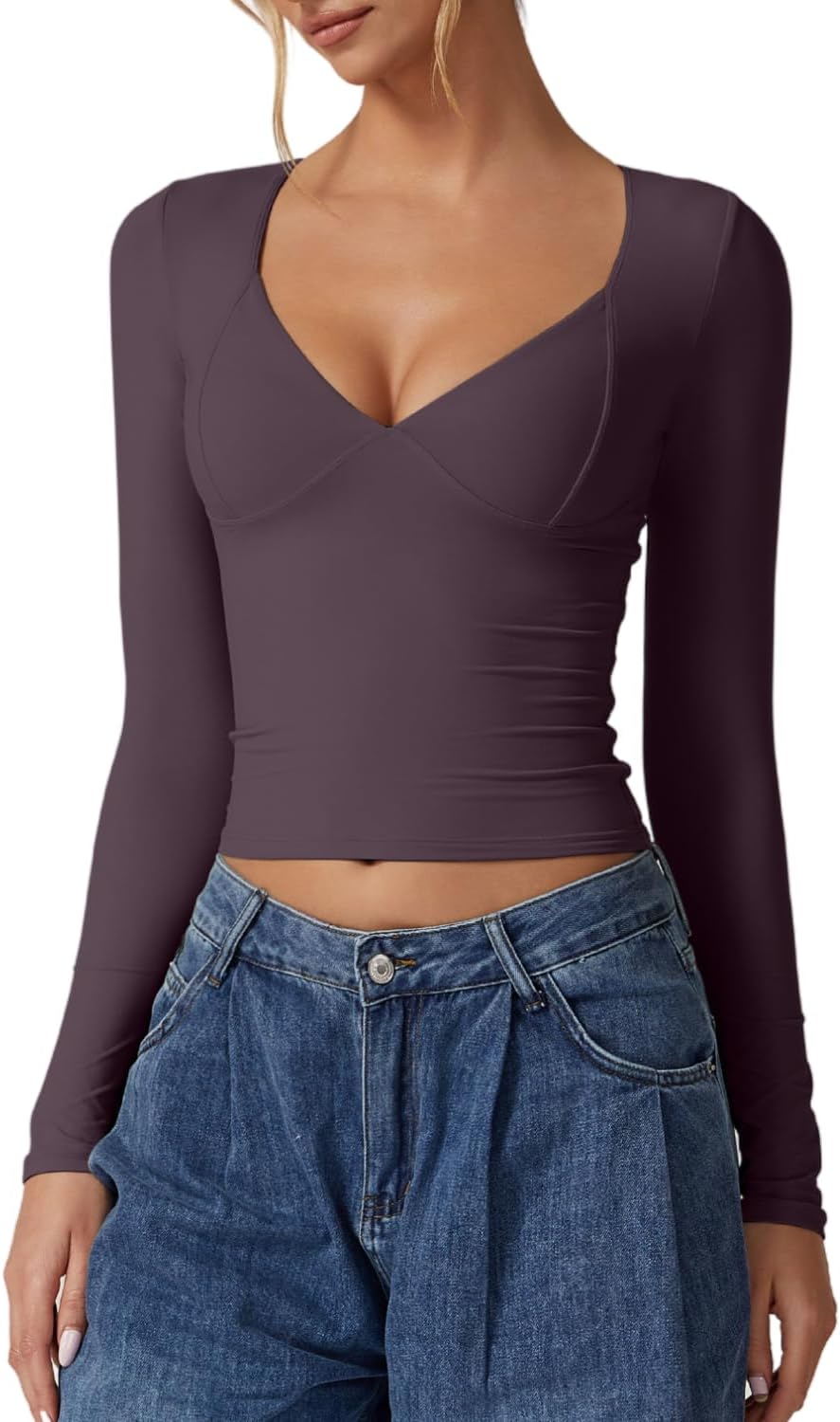 QINSEN Women's Long Sleeve V Neck T Shirts Double Lined Crop Top Seamed Cup Going Out Tops