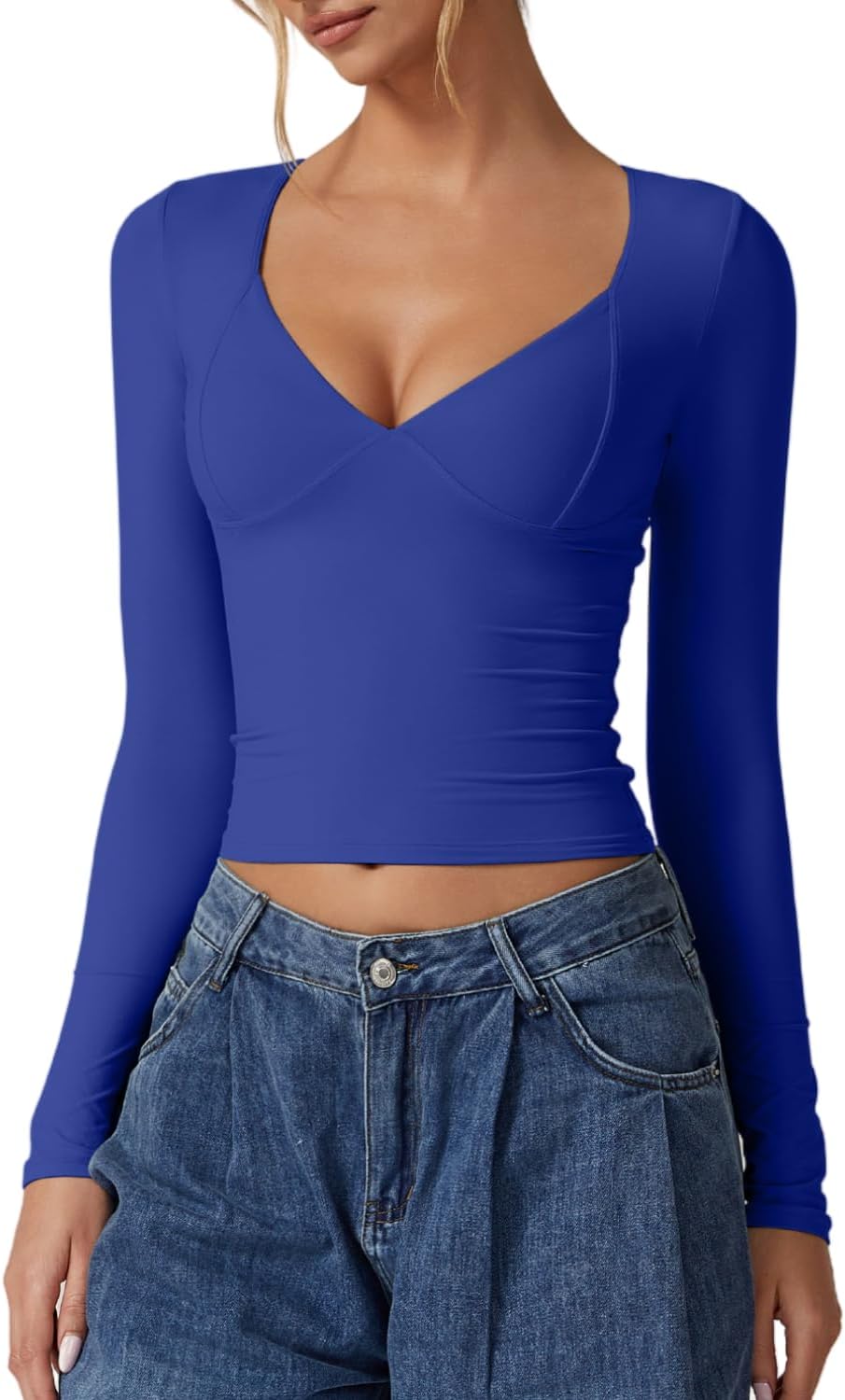 QINSEN Women's Long Sleeve V Neck T Shirts Double Lined Crop Top Seamed Cup Going Out Tops
