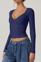 QINSEN Women's Long Sleeve V Neck T Shirts Double Lined Crop Top Seamed Cup Going Out Tops