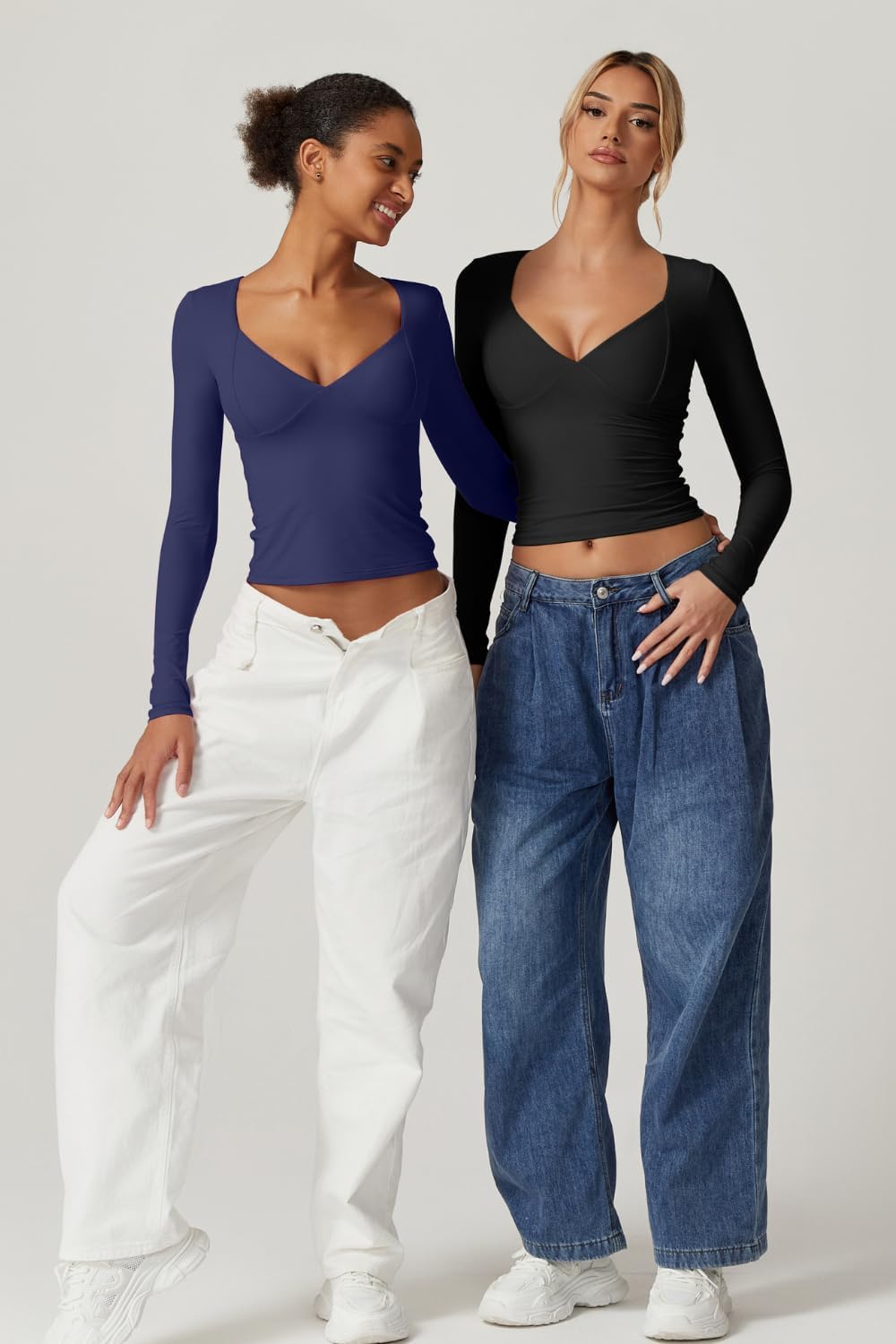 QINSEN Women's Long Sleeve V Neck T Shirts Double Lined Crop Top Seamed Cup Going Out Tops