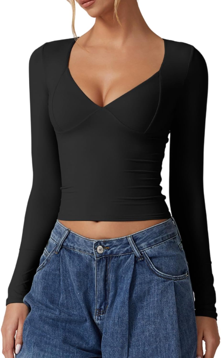 QINSEN Women's Long Sleeve V Neck T Shirts Double Lined Crop Top Seamed Cup Going Out Tops