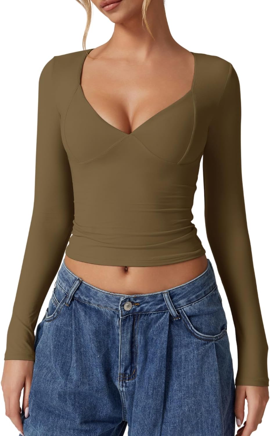 QINSEN Women's Long Sleeve V Neck T Shirts Double Lined Crop Top Seamed Cup Going Out Tops