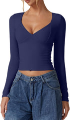 QINSEN Women's Long Sleeve V Neck T Shirts Double Lined Crop Top Seamed Cup Going Out Tops