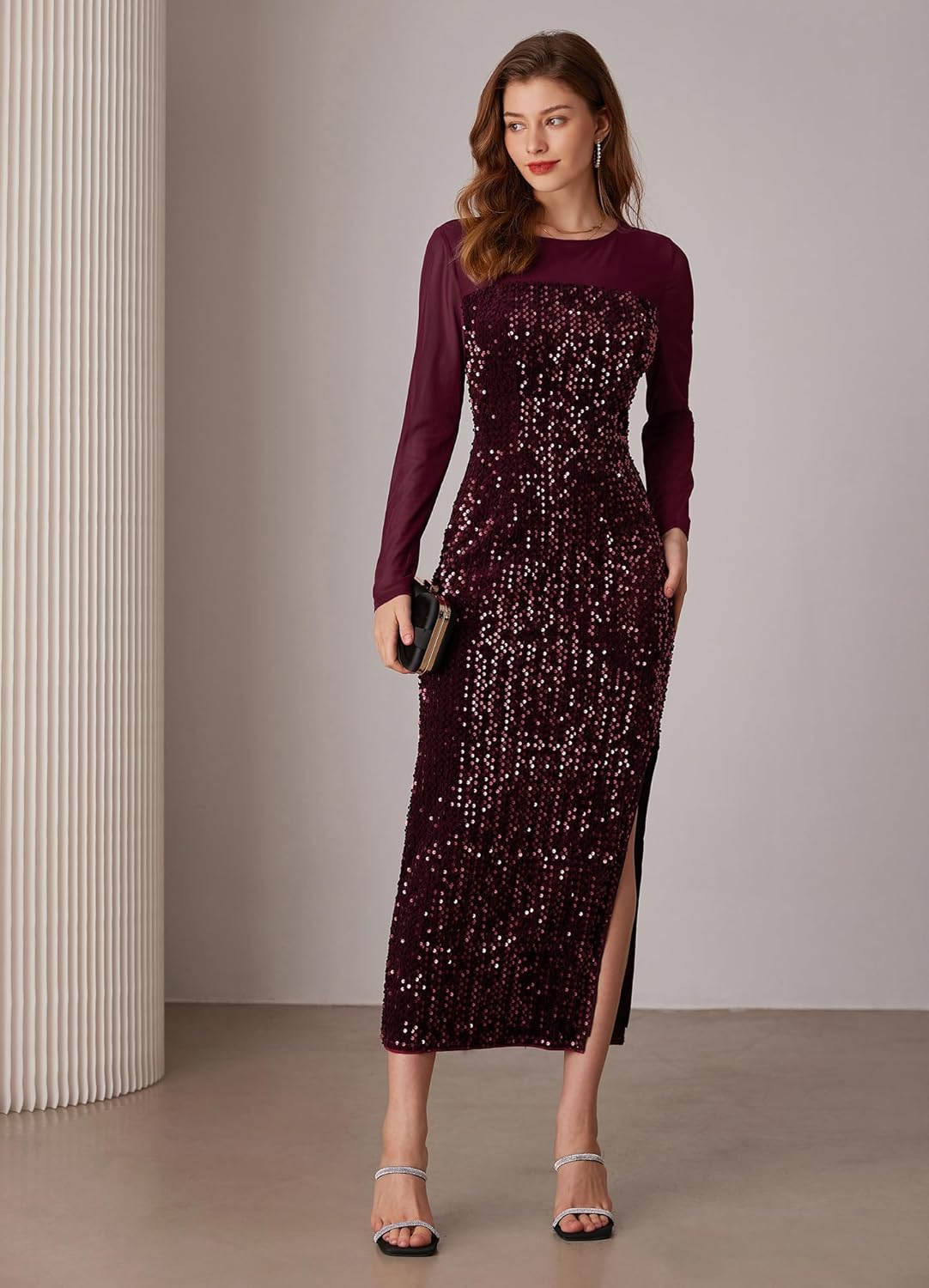 Vestido formal de cóctel de terciopelo de manga larga con lentejuelas y brillo para mujer de GRACE KARIN 