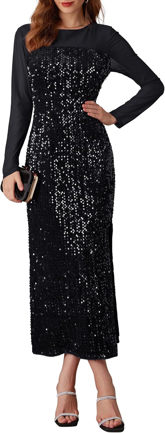 Vestido formal de cóctel de terciopelo de manga larga con lentejuelas y brillo para mujer de GRACE KARIN 