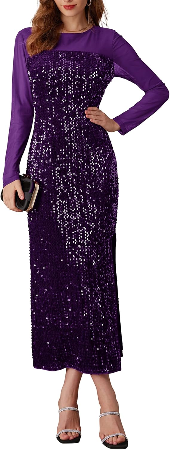 Vestido formal de cóctel de terciopelo de manga larga con lentejuelas y brillo para mujer de GRACE KARIN 