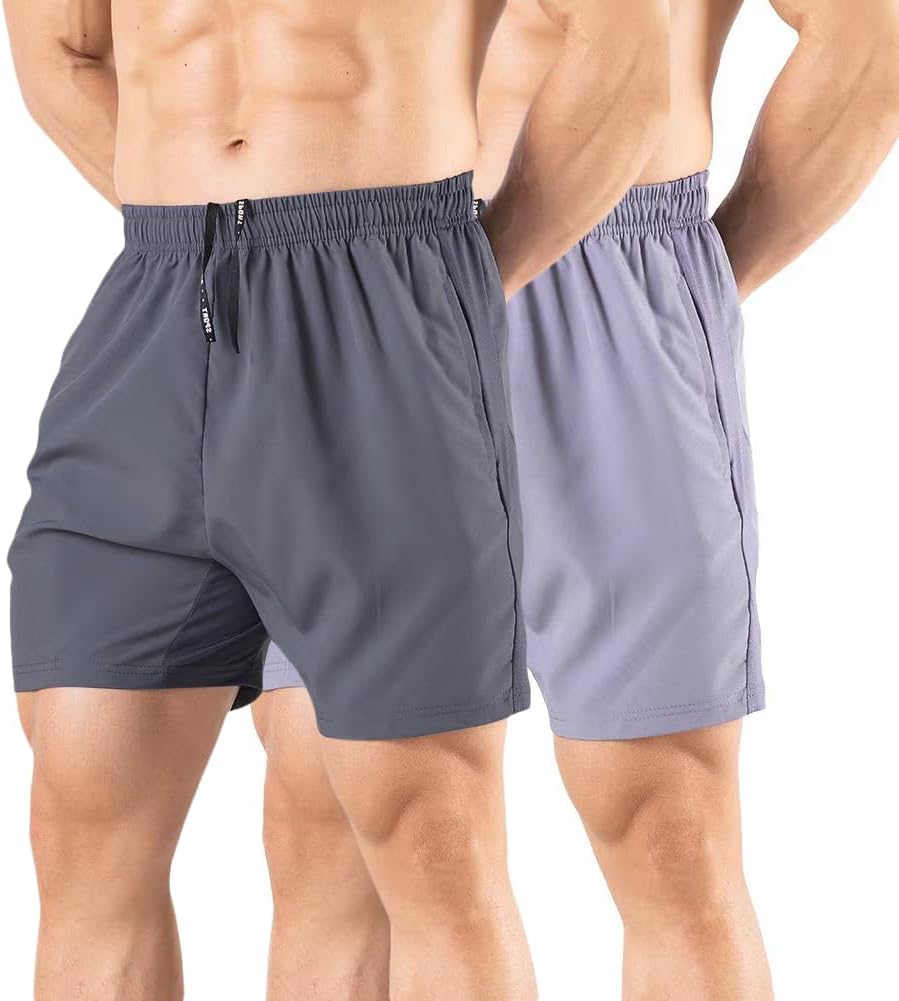 Men's 5" Running Shorts 2 Pack Quick Dry Athletic Workout Gym Shorts with Zipper Pockets