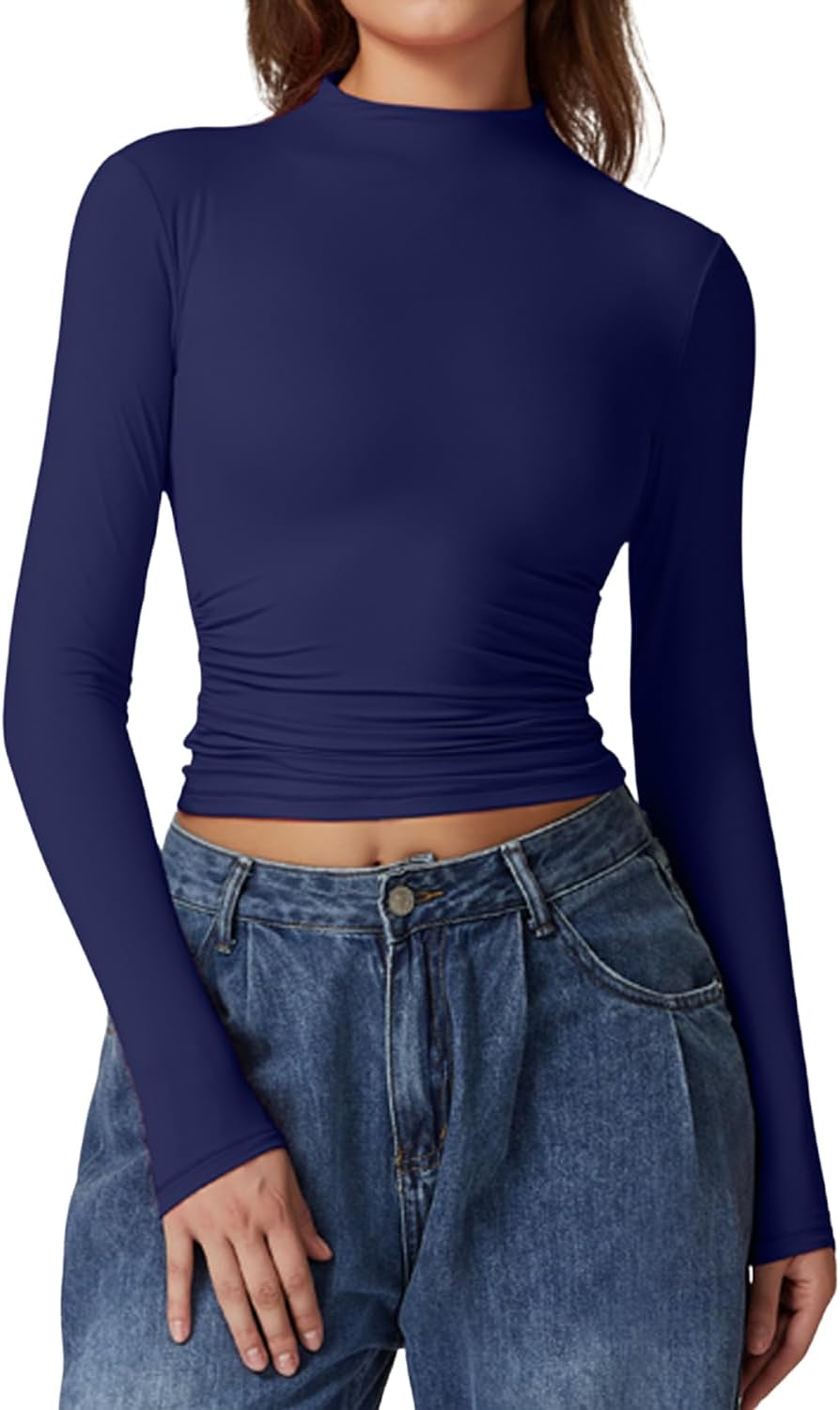 QINSEN Womens Mock Neck Long Sleeve Shirt Double Lined Basic Tees Side Ruched Going Out Crop Tops
