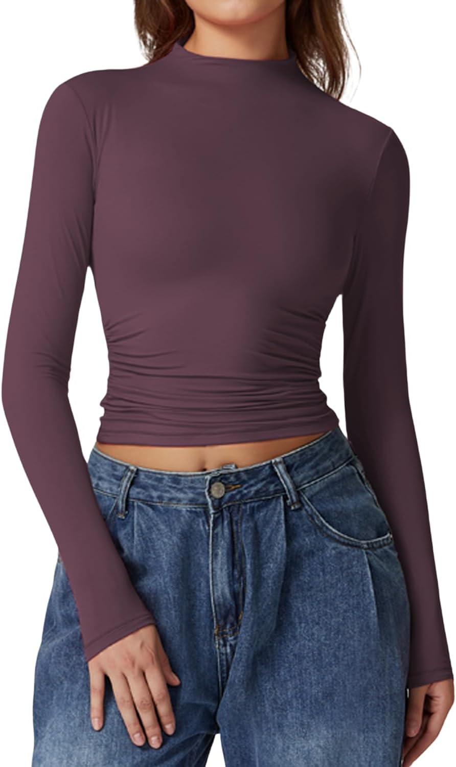 QINSEN Womens Mock Neck Long Sleeve Shirt Double Lined Basic Tees Side Ruched Going Out Crop Tops