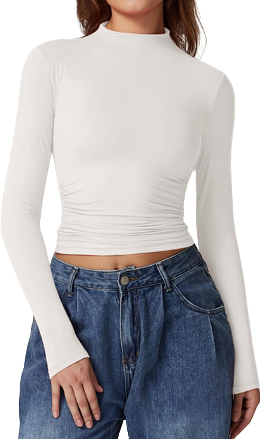 QINSEN Womens Mock Neck Long Sleeve Shirt Double Lined Basic Tees Side Ruched Going Out Crop Tops