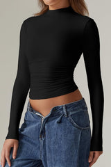 QINSEN Womens Mock Neck Long Sleeve Shirt Double Lined Basic Tees Side Ruched Going Out Crop Tops