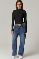 QINSEN Womens Mock Neck Long Sleeve Shirt Double Lined Basic Tees Side Ruched Going Out Crop Tops
