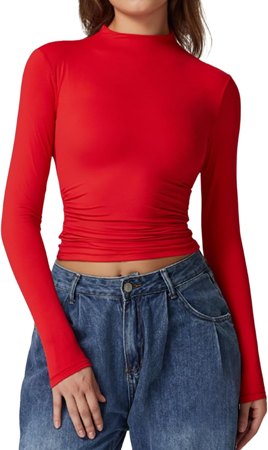 QINSEN Womens Mock Neck Long Sleeve Shirt Double Lined Basic Tees Side Ruched Going Out Crop Tops