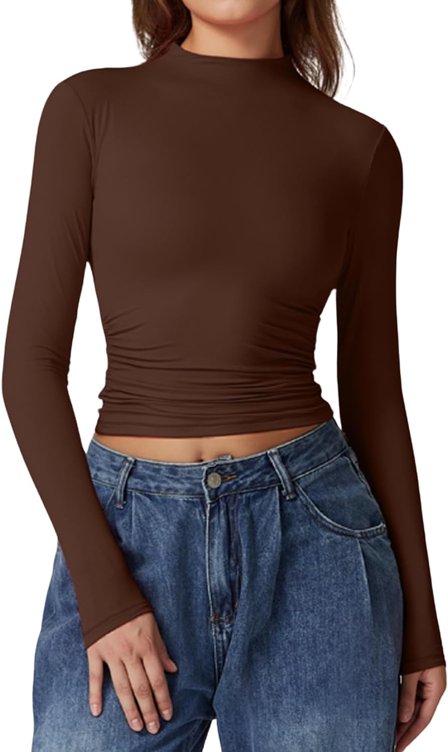 QINSEN Womens Mock Neck Long Sleeve Shirt Double Lined Basic Tees Side Ruched Going Out Crop Tops