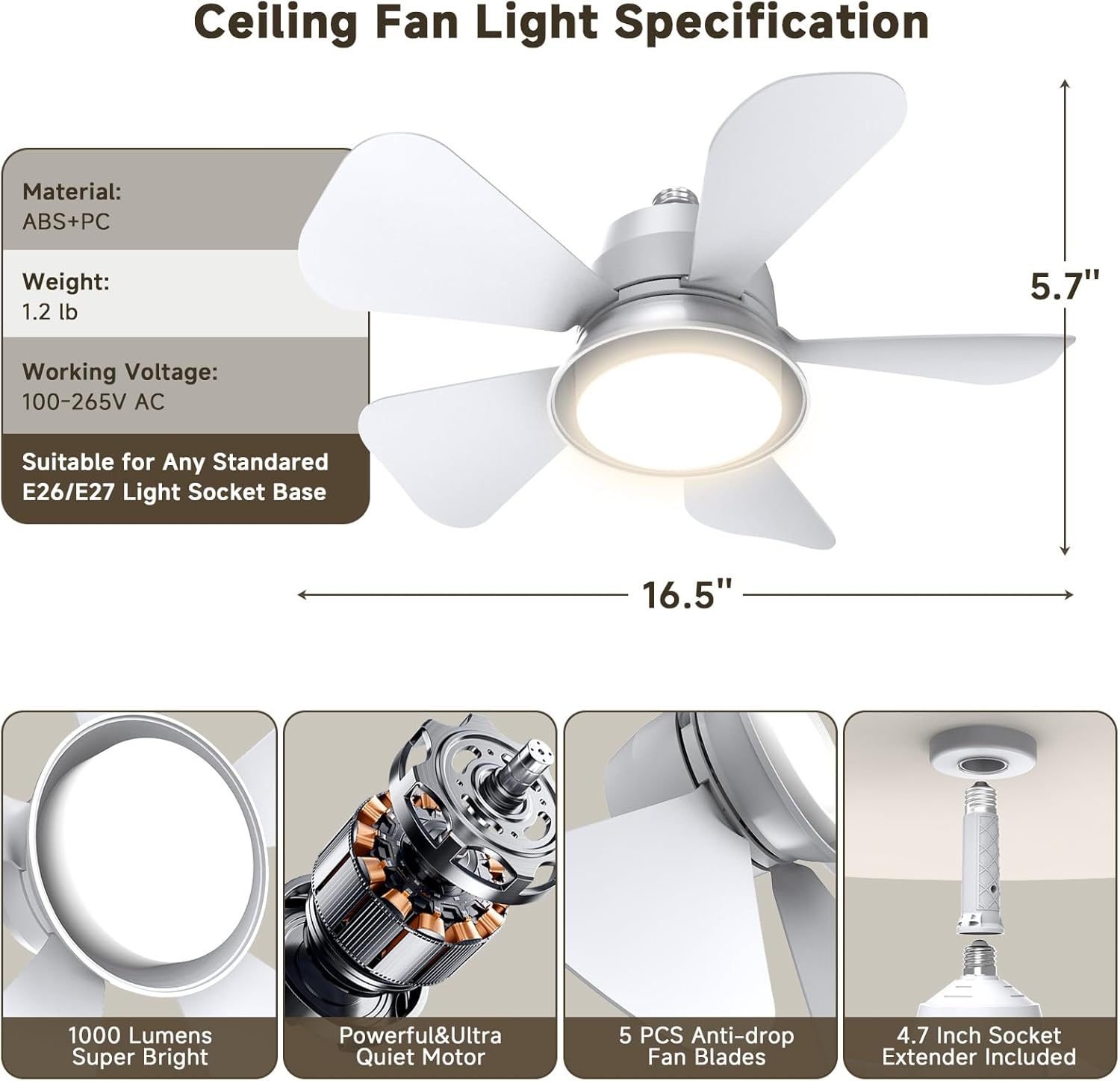 Modern Ceiling Fan w/ 1000L LED & Remote - 3-Color 3000K-6000K Dimmable, Multi-Room Use