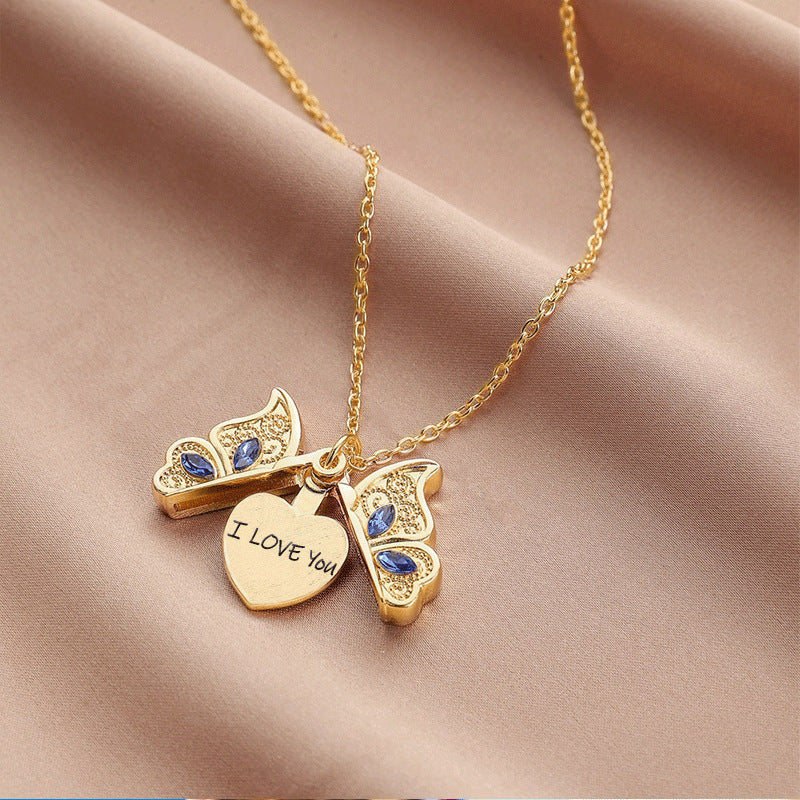 New Women's Butterfly I Love You Love Album Box Pendant Necklace Jewelry