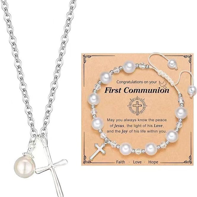 First Communion Gifts Baptism Gifts Cross Pearl Bracelet Cross Necklace for Jewelry Set for Mother