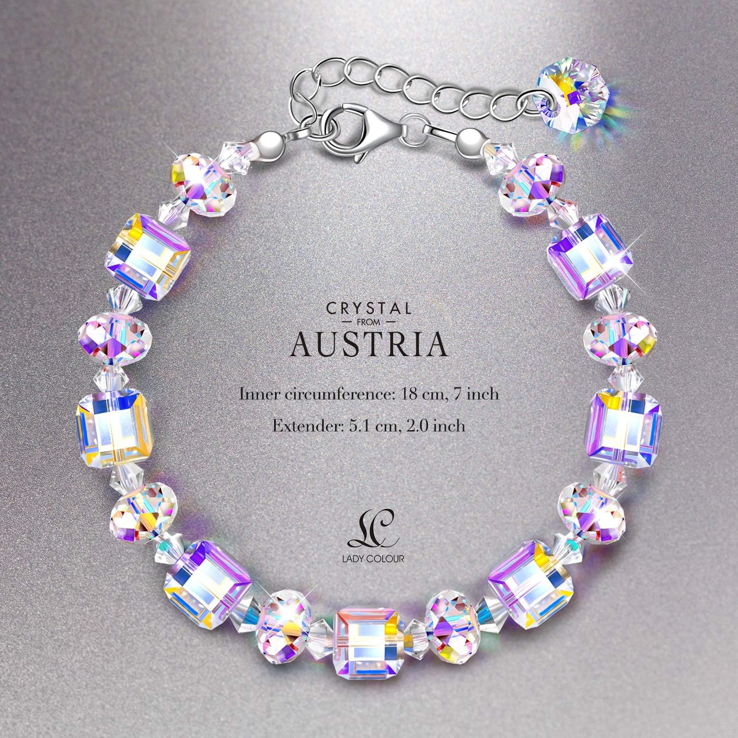 Sterling Silver Bracelets for Women Northern Lights Crystals Bracelet 7"+2" Extension Mother's Day Birthday Anniversary Jewelry Gift for Women Girls