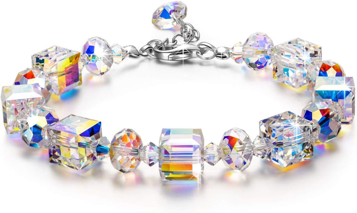 Sterling Silver Bracelets for Women Northern Lights Crystals Bracelet 7"+2" Extension Mother's Day Birthday Anniversary Jewelry Gift for Women Girls