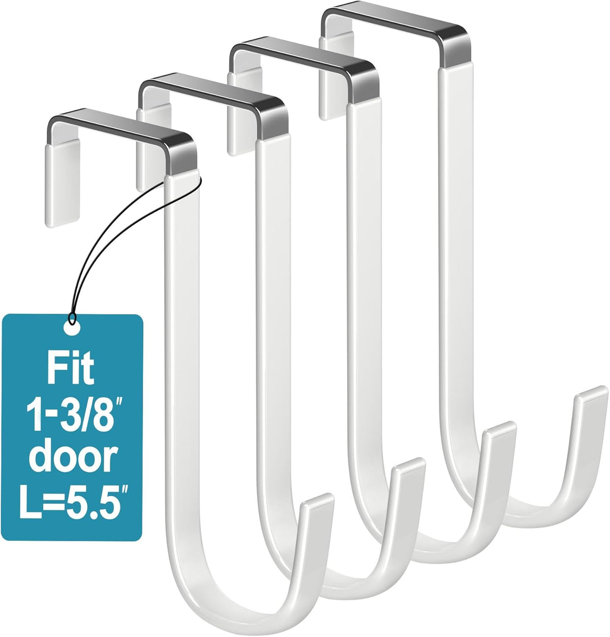 Over-Door Hooks, 4pc, 5.5" L, Fits 1.875" Doors, Steel/White Rubber, Towel/Clothing Hanger, Bathroom/Wreath Holder, Slim Heavy-Duty