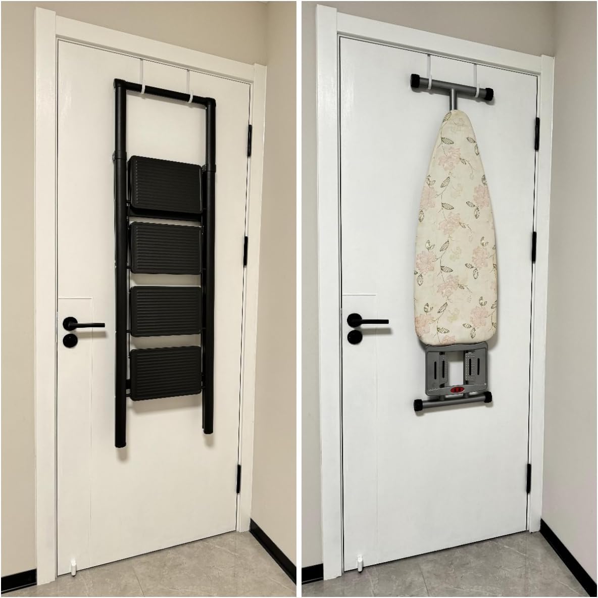 Over-Door Hooks, 4pc, 5.5" L, Fits 1.875" Doors, Steel/White Rubber, Towel/Clothing Hanger, Bathroom/Wreath Holder, Slim Heavy-Duty