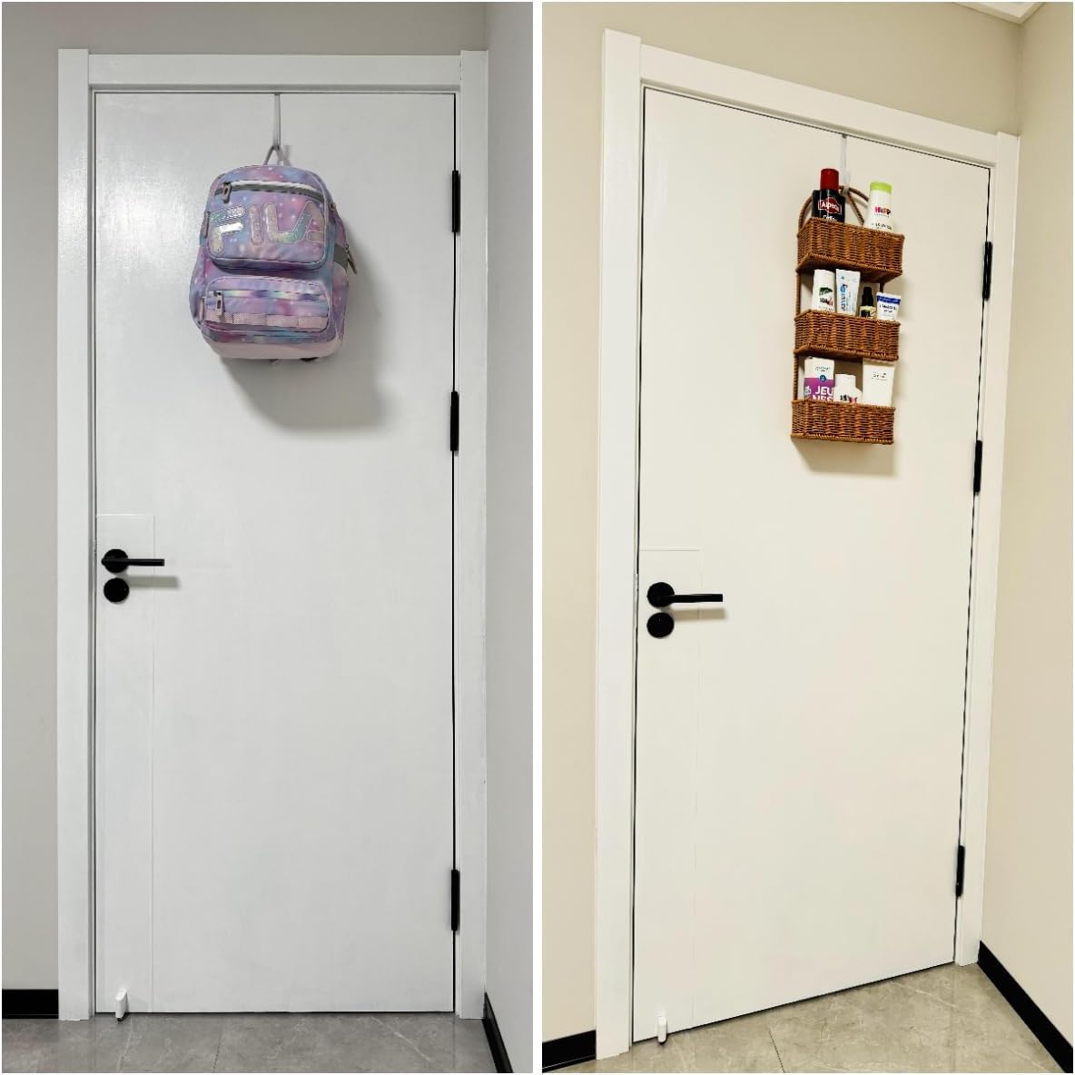 Over-Door Hooks, 4pc, 5.5" L, Fits 1.875" Doors, Steel/White Rubber, Towel/Clothing Hanger, Bathroom/Wreath Holder, Slim Heavy-Duty