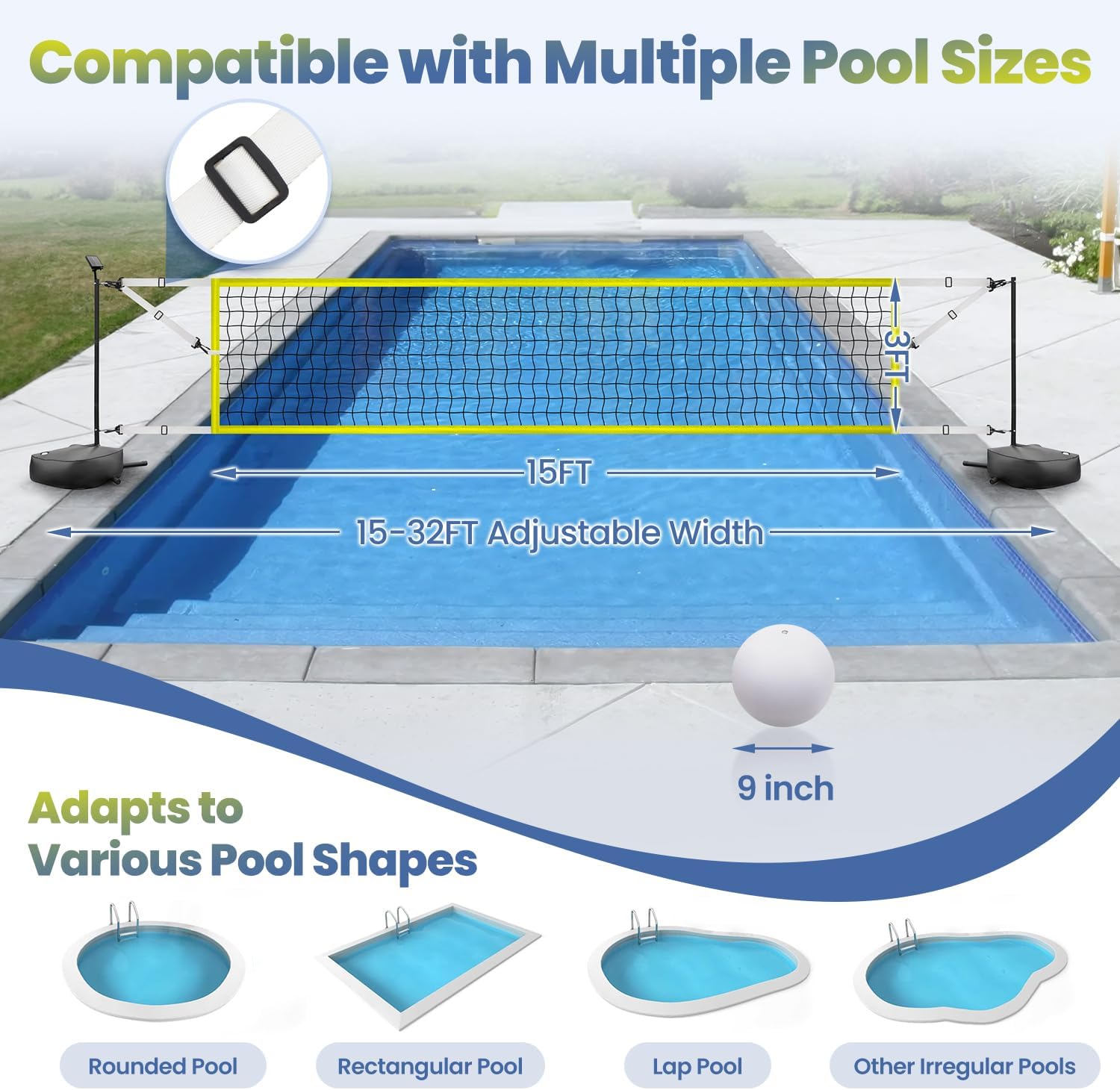 LED Pool Volleyball Net Set: Solar-Lit LED Net & Ball, Weighted Bases & Pump, 15-32ft Adjustable, Ideal for Indoor/Backyard Pools