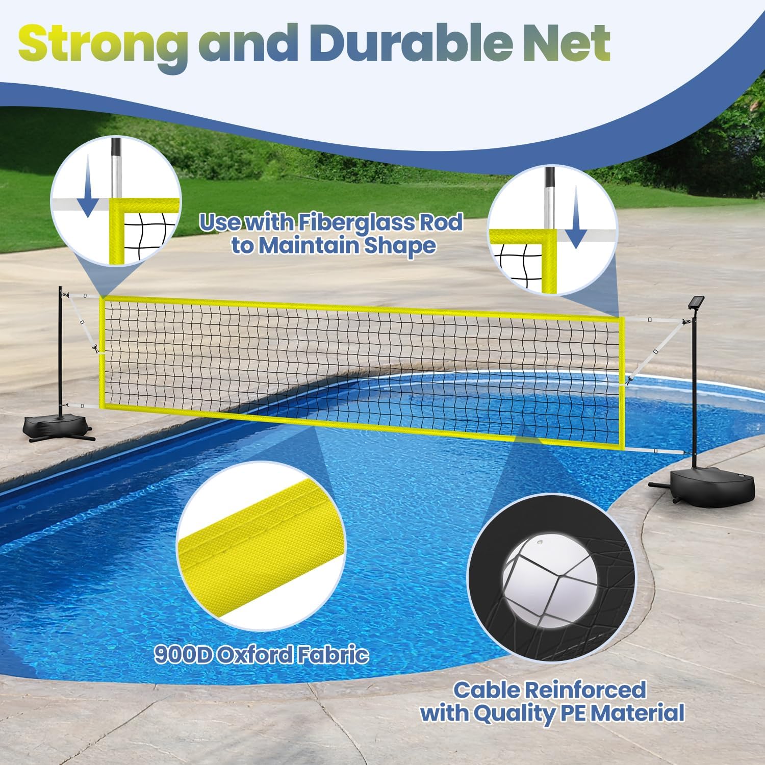 LED Pool Volleyball Net Set: Solar-Lit LED Net & Ball, Weighted Bases & Pump, 15-32ft Adjustable, Ideal for Indoor/Backyard Pools