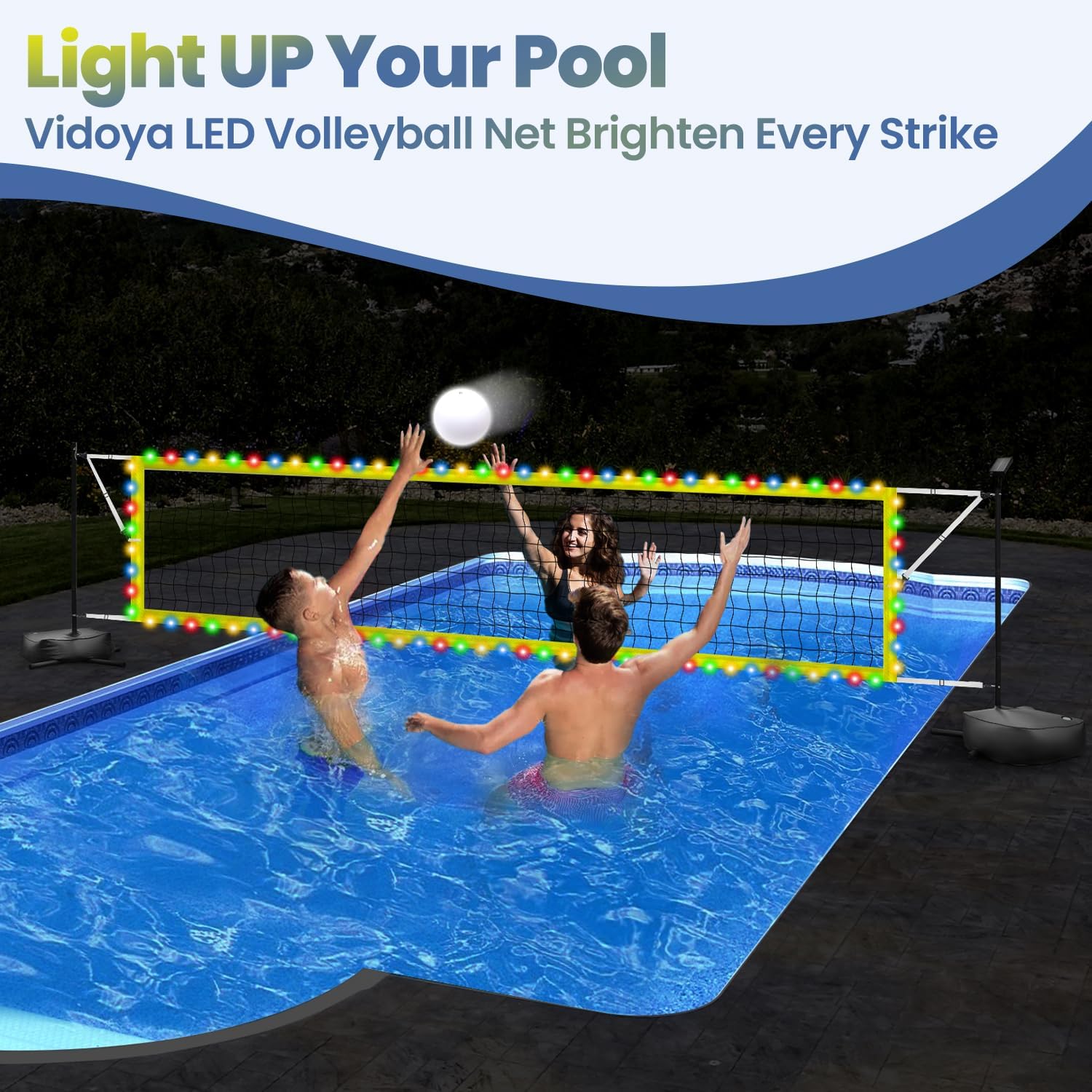 LED Pool Volleyball Net Set: Solar-Lit LED Net & Ball, Weighted Bases & Pump, 15-32ft Adjustable, Ideal for Indoor/Backyard Pools