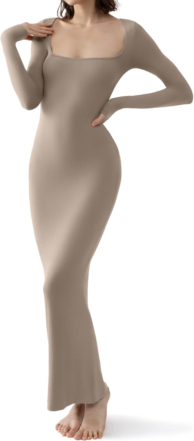 Vestido largo de manga larga con escote cuadrado para mujer de PUMIEY, vestido ajustado acanalado para mujer, vestido de salón suave 