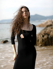 Vestido largo de manga larga con escote cuadrado para mujer de PUMIEY, vestido ajustado acanalado para mujer, vestido de salón suave 