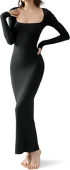 Vestido largo de manga larga con escote cuadrado para mujer de PUMIEY, vestido ajustado acanalado para mujer, vestido de salón suave 