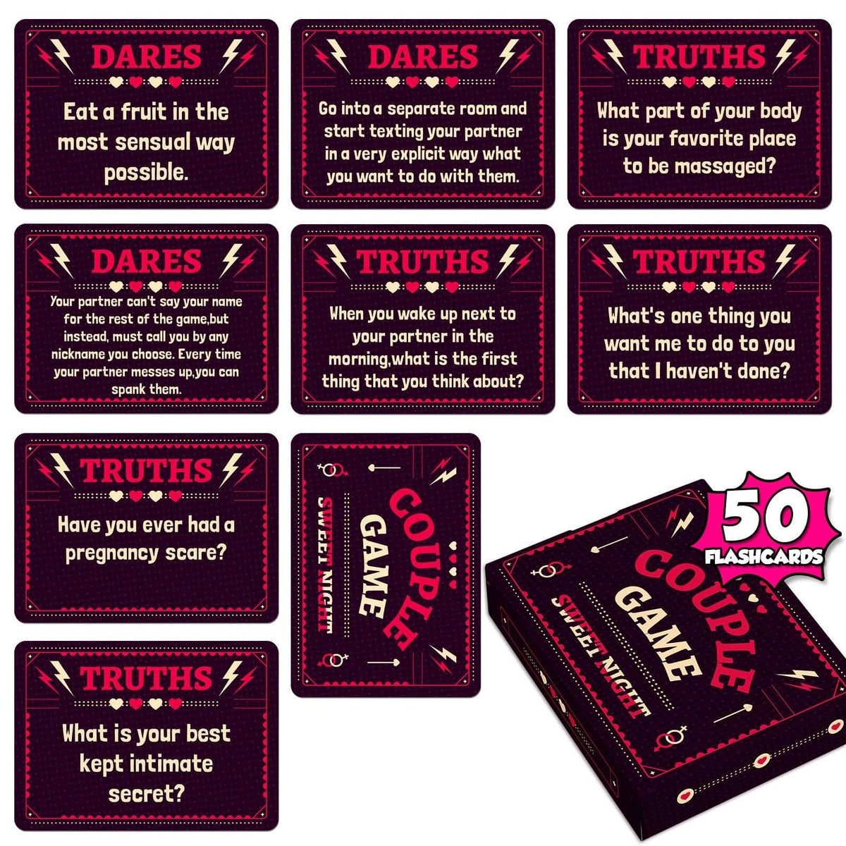 50 Romantic Night Cards for Couples, Ambiguous, Extreme Pulling Game Prop Cards