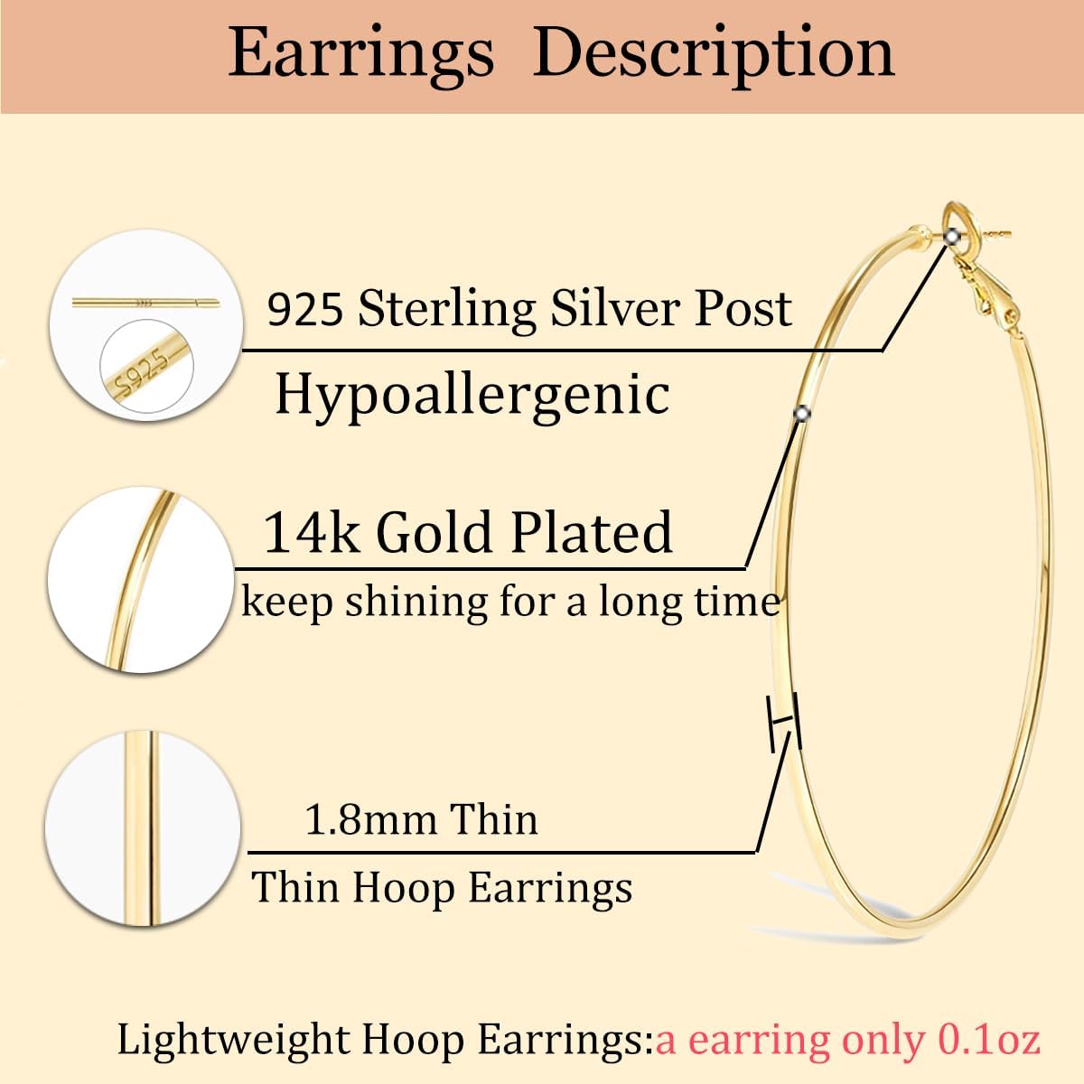 Gold Hoop Earrings for Women Girls,Dainty 14k Gold Hypoallergenic Rose Gold Silver Hoop Earrings with 925 Sterling Silver Post