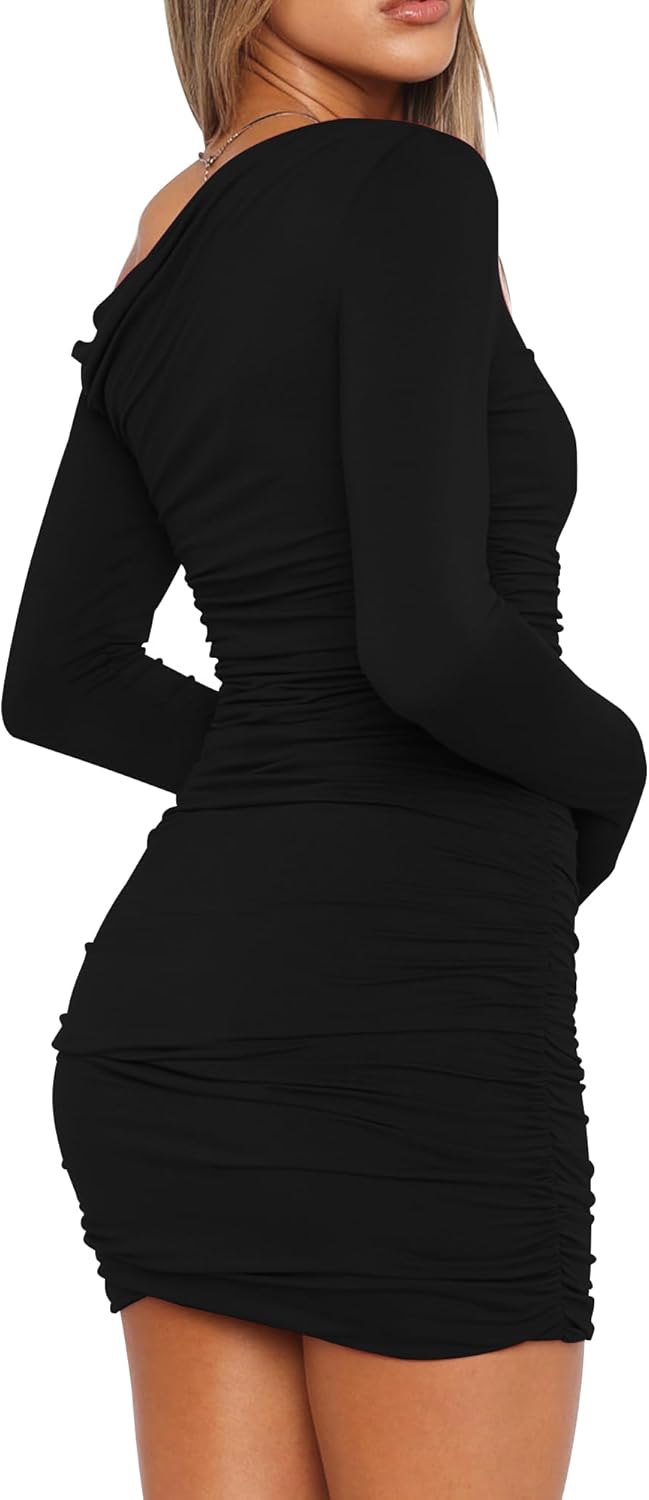 Minivestidos de cóctel ajustados con frunces y mangas largas con hombros descubiertos y sexys para mujer de Mokoru 