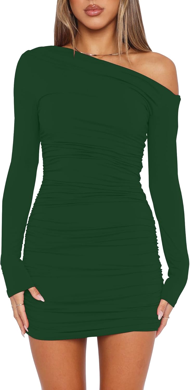 Minivestidos de cóctel ajustados con frunces y mangas largas con hombros descubiertos y sexys para mujer de Mokoru 