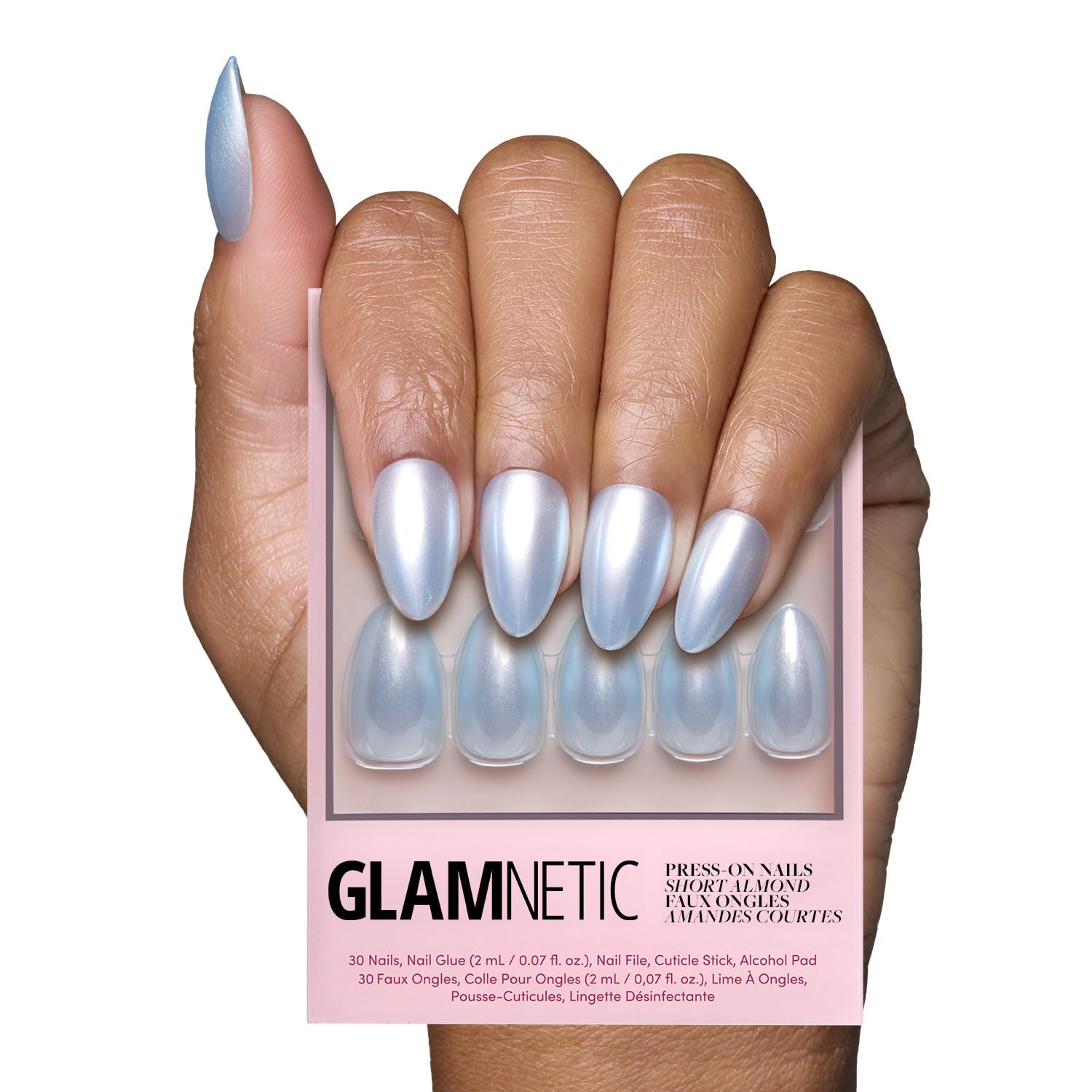 Glamnetic Short Almond Press-On Nails: French Tips, Glossy Glazed Finish - Wedding, Reusable, 15 Sizes,30 Nails w/Glue
