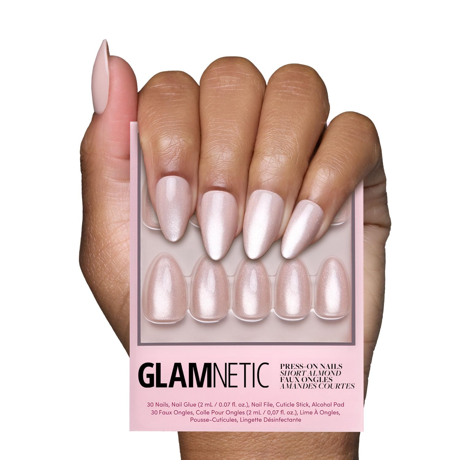 Glamnetic Short Almond Press-On Nails: French Tips, Glossy Glazed Finish - Wedding, Reusable, 15 Sizes,30 Nails w/Glue