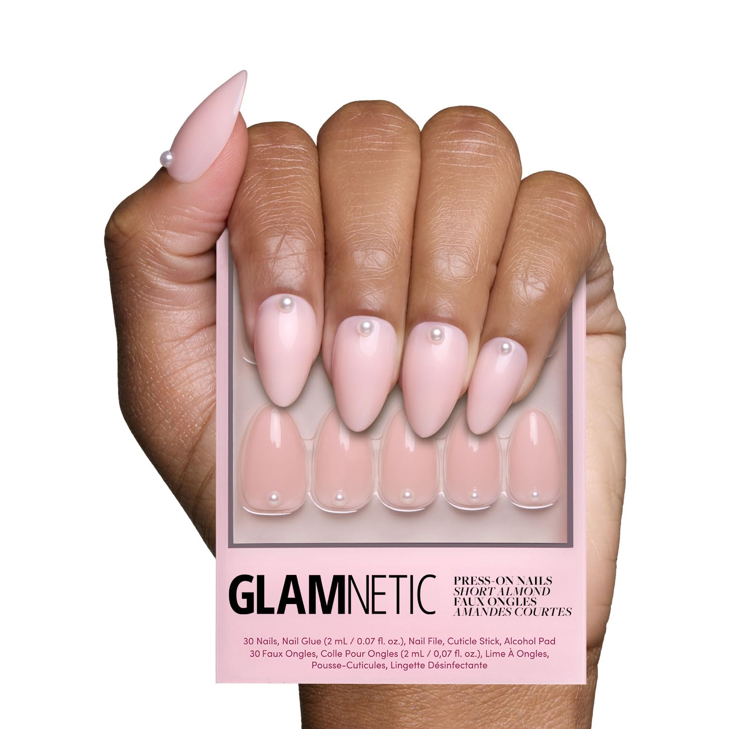 Glamnetic Short Almond Press-On Nails: French Tips, Glossy Glazed Finish - Wedding, Reusable, 15 Sizes,30 Nails w/Glue