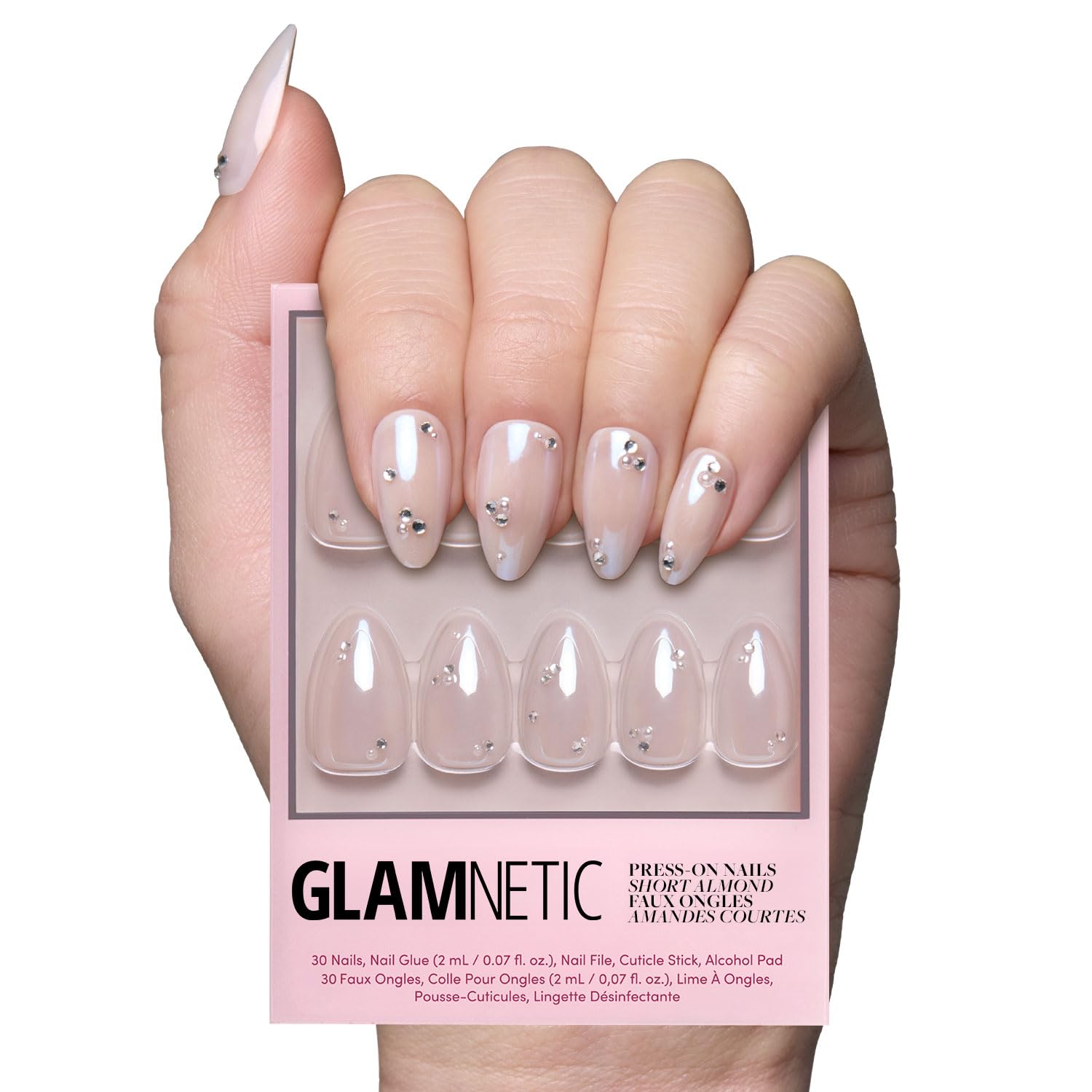 Glamnetic Short Almond Press-On Nails: French Tips, Glossy Glazed Finish - Wedding, Reusable, 15 Sizes,30 Nails w/Glue