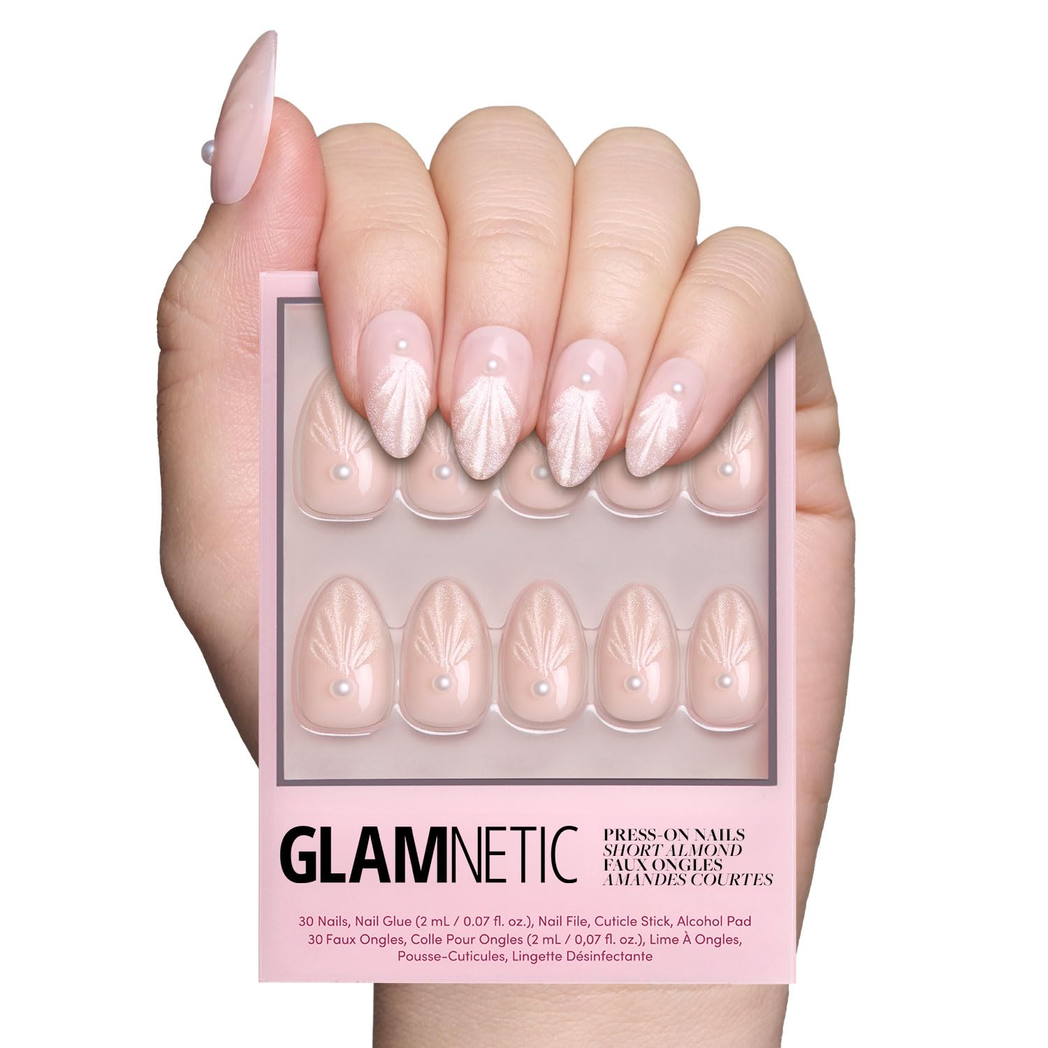 Glamnetic Short Almond Press-On Nails: French Tips, Glossy Glazed Finish - Wedding, Reusable, 15 Sizes,30 Nails w/Glue