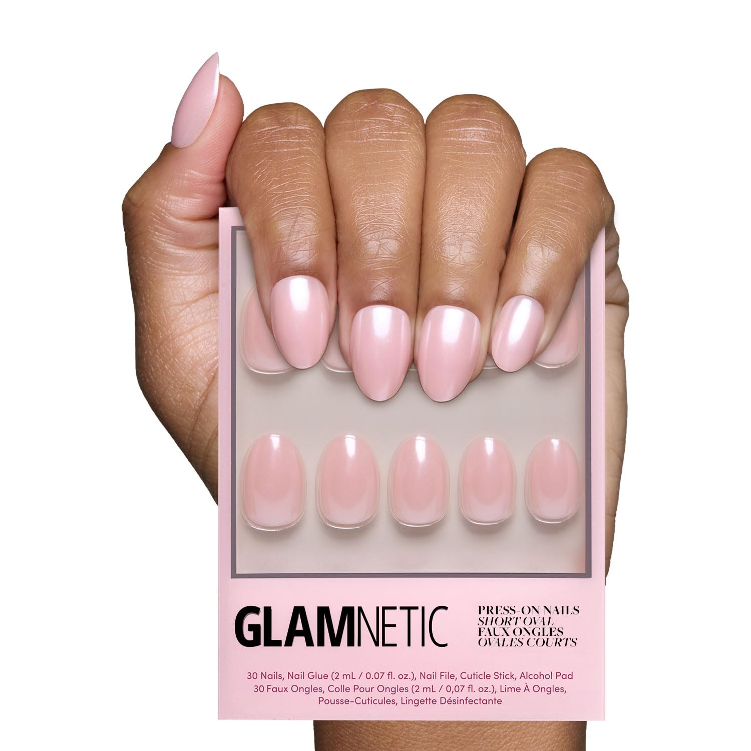 Glamnetic Short Almond Press-On Nails: French Tips, Glossy Glazed Finish - Wedding, Reusable, 15 Sizes,30 Nails w/Glue
