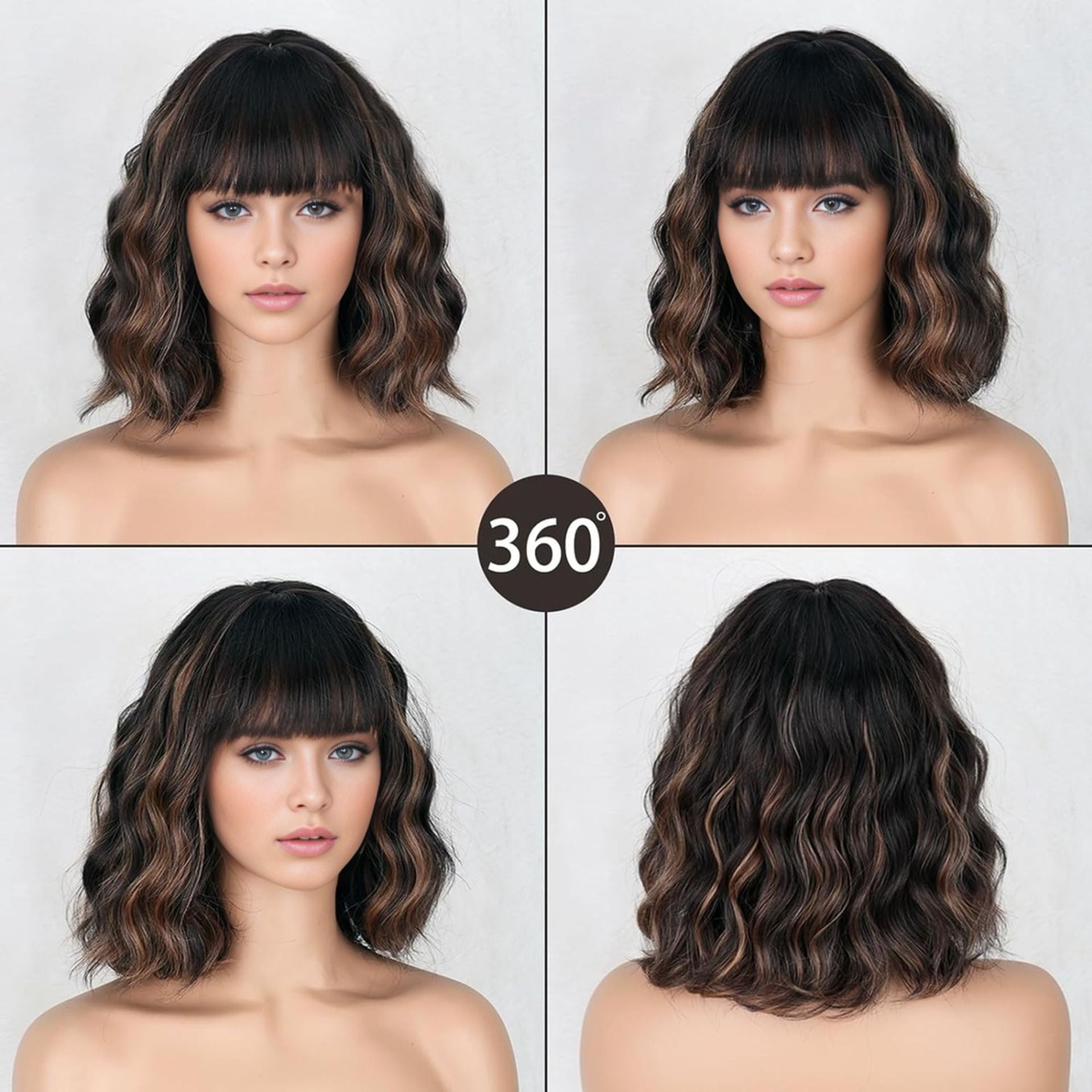 Short Wavy Curly Wig with Bangs Shoulder Length Synthetic Hair Wigs Heat Resistant Fiber Wig for Daily Part