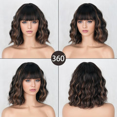 Short Wavy Curly Wig with Bangs Shoulder Length Synthetic Hair Wigs Heat Resistant Fiber Wig for Daily Part